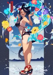  1girl absurdres ahoge alternate_costume bikini black_bikini black_hair black_tail blush breasts commentary_request from_side full_body hands_up highres holding kitasan_black_(umamusume) large_breasts legs looking_at_viewer ocean one-piece_tan open_mouth pillarboxed sandals short_hair sideboob smile solo standing swimsuit tan tanline thighs umamusume white_hair white_streaks yakousei_a 
