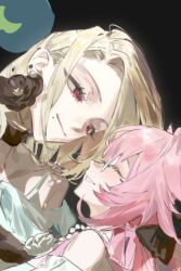  2girls bare_shoulders black_background black_flower blonde_hair bow choker dress earrings flower glasses hair_bow jewelry long_hair looking_at_another mole mole_under_mouth multiple_girls necklace original pink_hair qyzhiaiyisheng red_eyes simple_background smile upper_body  rating:General score:0 user:danbooru