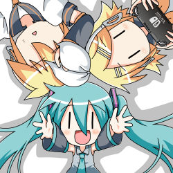 1boy 2girls aqua_hair aqua_necktie arm_warmers arms_up bare_shoulders black_collar black_sleeves blonde_hair blush bow chibi_miku circle_formation closed_eyes collar commentary detached_sleeves expressionless from_above grey_shirt hair_bow hair_ornament hairclip handheld_game_console hatsune_miku headphones holding holding_handheld_game_console kagamine_len kagamine_rin long_hair looking_at_viewer lying minami_(colorful_palette) multiple_girls neckerchief necktie nintendo_switch no_mouth on_back outstretched_arms sailor_collar school_uniform shadow shirt short_hair short_sleeves sleeveless sleeveless_shirt spiked_hair sweat swept_bangs triangle_mouth twintails upper_body very_long_hair vocaloid white_background white_bow white_shirt yellow_neckerchief |_| 
