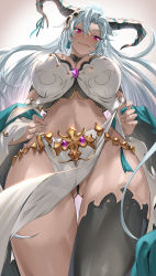  1girl aldehyde black_horns black_thighhighs blush breasts cleavage commentary_request dark-skinned_female dark_skin detached_sleeves dragon_horns dress fangs fediel_(granblue_fantasy) gluteal_fold granblue_fantasy highres horns large_breasts licking_lips long_hair looking_at_viewer navel pelvic_curtain purple_eyes silver_hair single_thighhigh smile solo thighhighs thighs tongue tongue_out very_long_hair white_dress  rating:Sensitive score:74 user:danbooru