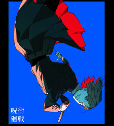 1girl azisaiharumaki56 black_border black_jacket black_pantyhose black_shirt black_skirt blue_background border clenched_teeth commentary_request cowboy_shot highres holding holding_weapon jacket jujutsu_kaisen kugisaki_nobara looking_at_viewer orange_eyes orange_hair outside_border pantyhose parted_lips shirt short_hair skirt smile solo teeth translation_request weapon 