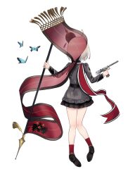  absurdres belt black_belt black_shoes borchardt_c-93 bug butterfly c-93_(girls&#039;_frontline) combat_helmet commission flag girls&#039;_frontline gun handgun helmet highres holding holding_flag holding_gun holding_weapon insect kandly medal military_uniform non-web_source pickelhaube shoes skirt weapon 
