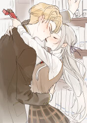  1boy 1girl absurdres alternate_costume arms_behind_back arms_up blonde_hair blush book bookshelf brown_jacket brown_suit brown_vest closed_eyes collared_jacket collared_shirt commentary_request couple dimitri_alexandre_blaiddyd edelgard_von_hresvelg embarrassed fire_emblem fire_emblem:_three_houses fire_emblem_warriors:_three_hopes food food_in_mouth formal_clothes from_side hair_between_eyes hair_ribbon heads_together hetero highres holding holding_book hug ikaikakka incoming_kiss indoors jacket leaning_forward long_hair long_sleeves nervous_sweating nintendo pocky pocky_kiss purple_ribbon ribbon school_uniform shared_food shirt short_hair skirt standing suit suit_jacket sweat sweatdrop upper_body vest wagashi white_hair white_shirt 