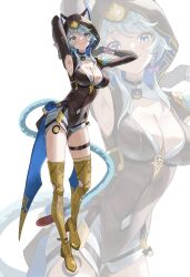  1girl animal_ears animal_hood arm_behind_head armored_boots armpits black_gloves blue_eyes boots breasts cat_ears cat_girl cat_hood cat_tail cipher_(honkai:_star_rail) cleavage commentary_request full_body gloves gold_boots grey_hair higashiwun_izumi high_heel_boots high_heels highres honkai:_star_rail honkai_(series) hood large_breasts short_hair_with_long_locks short_shorts shorts smile solo tail thigh_strap thighs white_background white_shorts zoom_layer 