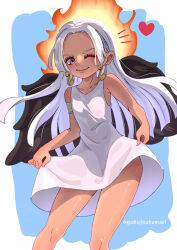  1girl black_wings blunt_bangs blunt_ends closed_mouth clothes_lift commentary_request dark-skinned_female dark_skin dress dress_lift earrings eyelashes hamaeru heart highres jewelry looking_at_viewer one_eye_closed one_piece s-snake short_dress smile solo star-shaped_pupils star_(symbol) symbol-shaped_pupils white_dress wings 