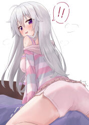  ! !! 1girl 9-nine- :d absurdres ahoge ass blush breasts cameltoe commentary cowboy_shot crotch_rub eyes_visible_through_hair fang female_masturbation from_behind grey_hair hair_between_eyes hair_down hair_over_shoulder heavy_breathing highres large_breasts leaning_forward long_hair long_sleeves looking_at_viewer looking_back masturbation masturbation_through_clothes niimi_sora on_bed open_mouth pajamas pillow_humping pom_pom_(clothes) purple_eyes shorts sidelocks simple_background single_bare_shoulder skin_fang smile solo speech_bubble spoken_exclamation_mark straight_hair striped_clothes striped_pajamas surprised sweat takoyaki032002 twitching white_background white_shorts 