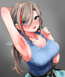 1girl arm_behind_head arm_up armpits artist_name bare_shoulders blue_eyes blush breasts brown_hair cleavage commentary_request eyes_visible_through_hair festa11307070 grey_background hair_between_eyes hair_over_one_eye jewelry kurusu_natsume kurusu_natsume_(1st_costume) large_breasts long_bangs long_hair looking_at_viewer multicolored_hair necklace nijisanji open_mouth paid_reward_available presenting_armpit red_hair signature simple_background sleeveless smile solo streaked_hair two-tone_hair upper_body variant_set virtual_youtuber rating:Sensitive score:11 user:danbooru