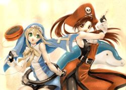 1boy 1girl arc_system_works blonde_hair bridget_(guilty_gear) brown_eyes brown_hair dolphin gloves green_eyes guilty_gear guilty_gear_x guilty_gear_xx hat jurithedreamer long_hair may_(guilty_gear) nun orange_hat orange_shirt pantyhose pirate pirate_hat shirt short_hair shorts skull_and_crossbones trap yo-yo rating:Sensitive score:14 user:danbooru