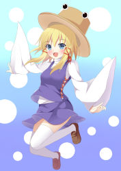  1girl bad_id bad_pixiv_id blonde_hair blue_background blue_eyes blush female_focus full_body gradient_background hair_ribbon hat jumping long_sleeves moriya_suwako open_mouth polka_dot polka_dot_background ribbon ro-ichi shoes short_hair sidelocks skirt skirt_set sleeves_past_wrists solo thighhighs touhou wide_sleeves  rating:Sensitive score:5 user:danbooru