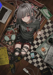 1girl absurdres alcohol arm_support wallet_chain black_boots black_nails black_shorts black_thighhighs blue_screen_of_death blush book boots bottle breasts cellphone charger checkered_floor closed_mouth computer cup dell doodles drink earclip earrings electrical_outlet extension_cord eyelashes from_above gishiki_(gshk) glass_table grey_hair grey_shirt hair_bobbles hair_ornament head_tilt headphones headphones_removed highres holding holding_cup iphone iphone_(first_generation) jewelry laptop liquor long_hair looking_at_viewer looking_up multiple_earrings nail_polish necklace original paid_reward_available paper patch pendant phone pink_eyes plaid_clothes plaid_shorts print_shirt punk red_shorts rug shirt shorts skull_and_crossbones small_breasts smartphone solo spider_necklace spiked_ear_piercing table thighhighs tissue_box torn_clothes torn_thighhighs two-sided_fabric two-tone_shirt two_side_up untied_shoelaces windows_logo wooden_floor zipper zipper_pull_tab 