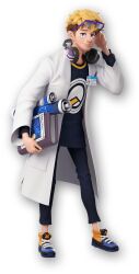  1boy 3d absurdres artist_request beard_stubble black_pants black_shirt black_sleeves blonde_hair blue_shoes blueprint_(object) book burton_(adult)_(ninjala) burton_(ninjala) capri_pants character_name coat crew_neck cross-laced_shoes english_text facial_hair fingernails fluffy_hair full_body glasses gungho hair_between_eyes headphones headphones_around_neck highres holding holding_book lab_coat laces lapels legs_apart light_smile lips logo_print long_hair looking_at_viewer lowered_eyelids male_focus mature_male multicolored_shoes name_tag ninjala nose notched_lapels official_art orange_shoes pamphlet pants pocket print_shirt purple-framed_eyewear purple_eyes second-party_source semi-rimless_eyewear shirt shoes short_hair sideburns simple_background sneakers solo standing stubble tachi-e thick_eyebrows transparent_background undercut unworn_eyewear white_coat white_sleeves wide_sleeves 