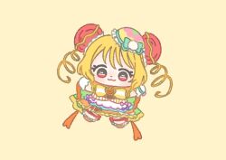  1girl :3 ankle_bow ankle_ribbon apron aqua_bow back_bow blonde_hair bow bow_apron bowtie brooch bun_cover chibi closed_mouth cure_yum-yum delicious_party_precure dot_nose double_bun drill_hair eyelashes food-themed_hat frilled_footwear frilled_headwear frilled_skirt frills gloves green_bow hair_bun hanamichi_ran hat hat_bow heart heart_brooch ichigo_usuhana jewelry large_bow light_blush long_hair magical_girl mini_hat miniskirt orange_bow orange_brooch orange_shirt orange_shoes orange_skirt outstretched_arms pink_bow pom_pom_hat_ornament precure purple_bow red_bow red_eyes ribbon shirt shoes short_sleeves simple_background single_stripe skirt smile solo striped_bow striped_bowtie striped_clothes tareme twin_drills two-tone_bow waist_apron watch white_apron white_gloves wristwatch yellow_background yellow_bow yellow_bowtie 