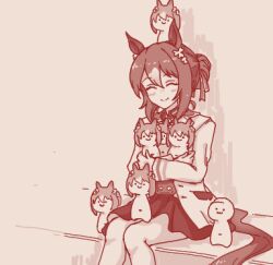  1girl animal_ears bow bowtie brown_theme character_doll closed_eyes closed_mouth clover_hair_ornament coat commentary_request cowboy_shot doll fine_motion_(umamusume) hair_ornament horse_ears horse_girl lowres monochrome multicolored_hair ponytail shiodanx shirt short_hair short_ponytail simple_background sitting skirt smile solo two-tone_hair umamusume 