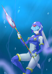  1girl absurdres armor blue_armor blue_eyes blue_helmet breasts cowboy_shot fairy_leviathan_(mega_man) fins head_fins helmet highres holding holding_polearm holding_weapon medium_breasts mega_man_(series) mega_man_zero_(series) polearm solo spear underwater weapon yg_(user_hfse3388) 