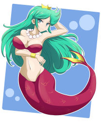  absurdres asarikaree bare_shoulders bikini bikini_top_only blue_eyes breasts bubble cleavage crown eyelashes green_hair highres jewelry large_breasts mario_(series) meidou_(wario&#039;s_woods) mermaid monster_girl navel necklace nintendo pearl_necklace smile swimsuit wario&#039;s_woods  rating:Sensitive score:11 user:makutakraahkan