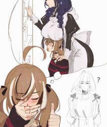  apron black_hair breast_rest breasts breasts_on_head brown_hair highres hololive hololive_english large_breasts maid multicolored_hair nanashi_mumei nanashi_mumei_(emo) ouro_kronii ouro_kronii_(maid) pomuya twintails white_hair 