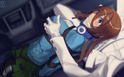  1girl 1other arms_behind_back bdsm black_pantyhose blue_cardigan blue_eyes blush bondage bound bound_arms bound_legs bound_wrists breasts brown_hair cad_(caddo) cardigan cleave_gag cloth_gag commentary commission crotch_rope english_commentary gag gagged go-toubun_no_hanayome grabbing_another&#039;s_breast green_skirt groping hair_between_eyes headphones headphones_around_neck highres improvised_gag kidnapping knot_gag lap_pillow large_breasts long_hair looking_at_viewer nakano_miku pantyhose pixiv_commission restrained rope second-party_source sex_toy shibari shirt skirt solo_focus surprised vibrator white_shirt 