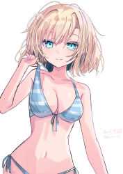  1girl absurdres bikini blonde_hair blue_eyes breasts cleavage colored_inner_hair front-tie_bikini_top front-tie_top gloire_(kancolle) green_bikini highres hizaka kantai_collection medium_breasts multicolored_hair one-hour_drawing_challenge short_hair side-tie_bikini_bottom simple_background solo striped_bikini striped_clothes swimsuit upper_body white_background 