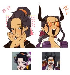  +++ 1girl black_hair blue_eyes blush bow cesel clenched_hands closed_mouth commentary derivative_work english_commentary fake_horns geisha gloves hair_ornament horns kanzashi long_hair low_ponytail nico_robin nico_robin_(onigashima) nico_robin_(wano) one_piece open_mouth orange-tinted_eyewear pale_skin ponytail purple_gloves red_bow red_ribbon ribbon screenshot_redraw sidelocks simple_background smile teeth tinted_eyewear upper_teeth_only white_background 