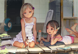 2boys 2girls age_difference barefoot black_hair black_hairband blue_eyes book bracelet brown_eyes brown_hair chromatic_aberration closed_mouth clothed_female_nude_male dress electric_fan flower frilled_dress frills hair_flower hair_ornament hair_scrunchie hairband highres jewelry loli looking_at_another looking_down lying mini_person miniboy muk_(monsieur) multiple_boys multiple_girls nude off_shoulder on_stomach open_mouth original pencil purple_flower purple_rose rose scrunchie shirt short_hair sleeveless sleeveless_dress smile socks teeth the_pose white_dress white_shirt yellow_scrunchie rating:Questionable score:296 user:danbooru