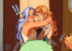  ! !! 1boy 2girls arm_tattoo blue_hair green_hair highres jacket_mine lipstick_mark lipstick_mark_on_face long_hair multiple_girls nami_(one_piece) nefertari_vivi one_piece orange_hair raised_eyebrow roronoa_zoro sweat tattoo yuri 