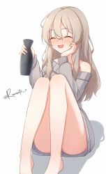  1girl aticsanir closed_eyes convenient_leg dress drunk feet_out_of_frame grey_dress grey_hair hair_between_eyes highres kantai_collection long_hair off-shoulder_dress off_shoulder official_alternate_costume one-hour_drawing_challenge pola_(kancolle) pola_(saury_festival)_(kancolle) simple_background smile solo sweater sweater_dress tokkuri twitter_username white_background 