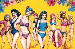  6+girls alternate_costume araki_hirohiko_(style) battle_tendency bikini black_hair blonde_hair blue-tinted_eyewear blue_bikini blue_eyes blue_hair bracelet braid breasts brown_eyes butterfly_ornament cleavage commentary cone_hair_bun diamond_wa_kudakenai double_bun dragona_joestar dreadlocks english_commentary eyewear_on_head floral_print flower grey_hair hair_bobbles hair_bun hair_ornament hibiscus highres hirose_yasuho hood hood_up hoodie imai_lisa innertube jewelry jojo_no_kimyou_na_bouken jojolion kaib0y kuujou_jolyne leg_tattoo long_hair lucy_steel mariah_(jojo) medium_breasts midriff multiple_girls navel navel_piercing one-piece_swimsuit piercing pink_bikini pink_hair pink_hoodie plaid_bikini plaid_clothes short_hair side-tie_bikini_bottom spider_web_print stardust_crusaders steel_ball_run stone_ocean sunglasses swim_ring swimsuit tattoo the_jojolands tinted_eyewear trish_una vento_aureo yamagishi_yukako yellow_background yellow_eyes yellow_lips 