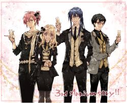  1girl 3boys ;o alcohol androgynous anesagi_kaoru anniversary armband black-framed_eyewear black_armband black_eyes black_flower black_hair black_necktie black_pants black_ribbon black_rose black_shirt black_skirt black_sweater blazer blonde_hair blue_eyes blue_hair brown_eyes buttons champagne champagne_flute closed_mouth collared_jacket collared_shirt commentary_request cowboy_shot cup denim dress_pants drink drinking_glass feather_trim floral_print flower formal_clothes glasses grey_flower grey_jacket grey_pantyhose grey_rose hair_between_eyes hair_flower hair_ornament hair_ribbon hair_rings hand_on_own_elbow hand_on_own_hip happy heart height_difference holding holding_drink idolish7 jacket jeans jewelry juliet_sleeves lapel_pin lapels layered_sleeves light_particles long_hair long_sleeves looking_at_viewer medium_skirt multiple_boys necklace necktie notched_lapels okazaki_rinto one_eye_closed oogami_banri open_clothes open_jacket open_mouth outside_border pants pantyhose parted_lips pencil_skirt pink_background pink_hair ponytail puffy_sleeves ribbon rose scarf shirt short_hair sidelocks single_hair_ring skirt smile standing straight_hair sweater takanashi_tsumugi tanemura_arina tareme teeth three-quarter_sleeves two-tone_background updo vest white_background white_shirt yellow_necktie yellow_scarf yellow_vest 