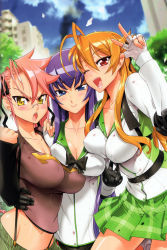 :o ;d absurdres antenna_hair asymmetrical_docking black_hair blue_eyes breast_press breasts busujima_saeko casual cleavage collarbone crease covered_erect_nipples fingerless_gloves gloves highres highschool_of_the_dead large_breasts lips long_hair midriff miyamoto_rei multiple_girls navel no_bra one_eye_closed open_mouth orange_hair pink_hair purple_hair red_eyes satou_shouji scan school_uniform smile suspenders takagi_saya twintails v weapon wink yellow_eyes rating:Questionable score:105 user:danbooru