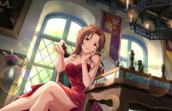  1girl bare_legs bare_shoulders blurry blurry_foreground breasts brown_eyes brown_hair candle chess_piece cleavage crossed_legs depth_of_field dress eyelashes feet_out_of_frame flag flower hand_on_own_face hands_up holding holding_chess_piece idolmaster idolmaster_cinderella_girls idolmaster_cinderella_girls_starlight_stage impossible_clothes impossible_dress indoors kawashima_mizuki legs lens_flare long_hair looking_at_viewer medium_breasts official_art painting_(object) parted_bangs parted_lips red_dress red_flower red_rose rose side_slit sitting solo strapless strapless_dress window 