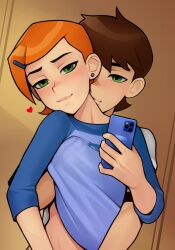 1boy 1girl ben_10 ben_tennyson breasts brown_hair cellphone closed_mouth clothes_lift cousins ear_piercing grabbing grabbing_another&#039;s_breast grabbing_from_behind green_eyes green_hair gwen_tennyson hair_ornament hairclip highres holding holding_phone hug hug_from_behind incest lips loodncrood looking_at_viewer phone piercing raglan_sleeves shirt_lift short_hair small_breasts smartphone upper_body rating:Questionable score:565 user:MonsieurCinq