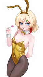  1girl animal_ears arm_behind_back black_pantyhose blonde_hair blue_eyes blue_nails bow bowtie breasts can_pull_tab candy collarbone covered_navel detached_sleeves fake_animal_ears food hair_ornament hand_up highres holding holding_candy holding_food holding_lollipop leotard lollipop long_hair looking_at_viewer multicolored_hair nail_polish original pantyhose playboy_bunny rabbit_ears red_hair shenqi_xiaohuang small_breasts solo streaked_hair tongue tongue_out white_background wrist_cuffs yellow_bow yellow_leotard 