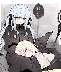  2girls animal_ears bang_dream! bang_dream!_it&#039;s_mygo!!!!! black_dress black_hat blonde_hair blue_hair blush closed_eyes closed_mouth commentary_request dog_ears dress hand_on_another&#039;s_head hat highres jewelry kyou_039 lap_pillow long_hair medium_hair misumi_uika multiple_girls parted_lips ring smile staff togawa_sakiko two_side_up unworn_hat unworn_headwear witch_hat yellow_eyes yuri 