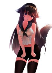  1girl :o absurdres bad_id bad_pixiv_id bare_arms bare_shoulders bike_shorts black_neckerchief black_sailor_collar black_shorts breasts breasts_squeezed_together brown_hair collarbone dokomon fang fingernails girls&#039;_frontline hair_between_eyes hair_flaps hairband head_tilt highres kemonomimi_mode long_hair medium_breasts navel neckerchief open_mouth purple_eyes sailor_collar school_uniform serafuku shirt short_shorts shorts simple_background sleeveless sleeveless_shirt solo super_sass_(girls&#039;_frontline) tail tail_raised thighhighs third-party_edit very_long_hair white_background white_shirt  rating:Explicit score:7 user:godfinger1