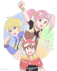  absurdres blonde_hair brown_hair dinosaur_king eyewear_on_head glasses gotm_tknr highres jacket kodai_ryuuta long_hair looking_at_viewer open_mouth pink_hair purple_eyes rex_owen smile tatsuno_malm translation_request twintails 