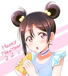  1girl 2020 blue_dress brown_hair cheese chinese_zodiac choker ckst dress food frilled_choker frills hair_bun hands_up happy_new_year highres holding holding_food light_blush looking_at_viewer looking_to_the_side love_live! love_live!_school_idol_project new_year official_alternate_costume official_alternate_hairstyle open_mouth pink_background portrait red_eyes sidelocks solo teeth two-tone_background upper_teeth_only white_background yazawa_nico year_of_the_rat yume_no_tobira 