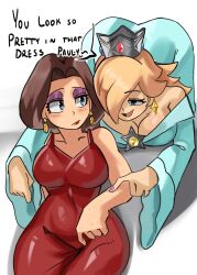  2girls aqua_dress ass bare_arms bare_shoulders blonde_hair blue_eyes blush breasts brooch brown_hair cleavage collarbone donkey_kong_(series) dress earrings english_text eyeshadow floating_earrings gold_earrings hair_over_one_eye half-closed_eyes halter_dress halterneck highres jewelry large_breasts long_hair long_sleeves makeup mario_(series) moxydraws multiple_girls nintendo off-shoulder_dress off_shoulder pauline_(mario) pointed_crown purple_eyeshadow red_dress red_lips rosalina silver_crown smile star_(symbol) star_brooch star_earrings taut_clothes taut_dress teardrop_earrings wavy_hair yuri 