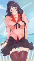  1girl absurdres black_hair black_skirt black_thighhighs blue_sky blush braid breasts closed_mouth cloud commentary english_commentary glasses hanekawa_tsubasa highres large_breasts long_hair long_sleeves looking_at_viewer monogatari_(series) naoetsu_high_school_uniform pink_shirt purple_eyes school_uniform shin_(puas7474) shirt skirt sky smile solo thighhighs twin_braids 