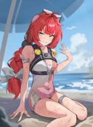  1girl absurdres beach beach_umbrella blue_sky blush braid braided_twintails breasts camera camera_around_neck cleavage cloud cryani day eyewear_on_head facial_mark green_eyes grin hair_ribbon hearing_aid heart heart-shaped_eyewear heart_facial_mark highres long_hair low_twin_braids ocean official_alternate_costume one-piece_swimsuit open_mouth outdoors palm_tree pink_one-piece_swimsuit red_hair ribbon sand sitting sky smile solo sphere_hair_ornament swimsuit teeth thigh_strap tree twin_braids twintails two-tone_one-piece_swimsuit ukinami_yuzuha ukinami_yuzuha_(tanuki_in_broad_daylight) umbrella very_long_hair water wet white_one-piece_swimsuit yellow_nails zenless_zone_zero 