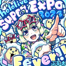  1girl 2024 =_= animal_ears buru-dai commentary confetti eyewear_on_head hololive horns long_hair multicolored_eyes open_mouth pointing purple_eyes sheep sheep_ears sheep_girl sheep_horns smile star-shaped_eyewear star_(symbol) sunglasses tsunomaki_watame virtual_youtuber watamate yellow_eyes 