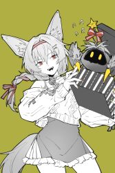 1girl :d animal_ear_fluff animal_ears aran_sweater arknights bare_shoulders beanstalk_(arknights) beanstalk_(gift_uncompleted)_(arknights) bell bow box braid cable_knit chinese_commentary commentary_request cowboy_shot creature fingernails flying_sweatdrops frilled_skirt frills gift gift_box green_background hair_between_eyes hair_bow hair_intakes hair_ornament hairband hairclip highres holding holding_gift long_hair long_sleeves nail_polish neck_bell off_shoulder official_alternate_costume open_mouth orange_eyes partial_commentary partially_colored piaoliu_ping_ping_ping_pingzi simple_background skirt smile solo standing star_(symbol) sweater tail teeth upper_teeth_only yellow_background 