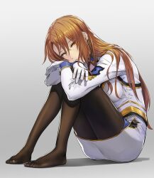  1girl arms_on_knees breasts brown_hair brown_pantyhose character_request earrings feet fine_fabric_emphasis fukukitaru full_body glasses gloves gold_trim gradient_background grey_background highres jacket jewelry knees_together_feet_apart knees_up large_breasts legs long_hair long_legs long_sleeves military military_uniform no_shoes orange_eyes pantyhose parted_lips pencil_skirt shiny_clothes sidelocks sitting skirt solo sword_girls thighs toes white_gloves white_jacket white_skirt 