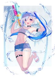  1girl :d alternate_costume amane_kanata arm_strap armpits bikini bikini_under_shorts black_choker blue_hair blue_nails blue_shorts choker colored_inner_hair denim denim_shorts flat_chest frayed_shorts full_body grey_hair hair_over_one_eye hands_up hashtag-only_commentary highleg highleg_bikini highres holding hololive long_hair looking_at_viewer multicolored_hair nail_polish nametakeko navel o-ring o-ring_thigh_strap open_mouth pendant_choker pink_hair purple_eyes sandals short_shorts shorts single_hair_intake smile solo stomach strapless strapless_bikini streaked_hair swimsuit thigh_strap very_long_hair virtual_youtuber visor_cap water water_gun white_bikini white_sandals 