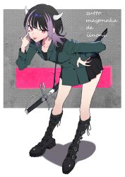  1girl :p absurdres akanbe black_boots black_hair black_nails black_shirt black_undershirt blunt_bangs boots collarbone colored_inner_hair copyright_name demon_horns eyelid_pull fingernails green_jacket green_skirt hand_on_own_hip highres horns jacket looking_at_viewer medium_hair miniskirt multicolored_hair nail_polish nira-chan nira-chan_(zanki)_(zutomayo) purple_hair red_eyes romaji_text shadow shirt skirt streaked_hair sword tongue tongue_out two-tone_hair weapon white_horns yuichi_(yuyuyupopcorn) zanki_(zutomayo) zutto_mayonaka_de_ii_no_ni  rating:General score:0 user:danbooru
