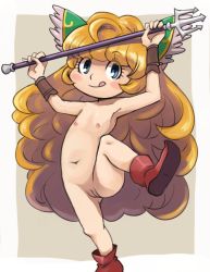  1girl :p blonde_hair blue_eyes blush_stickers boots charlotte_(seiken_densetsu_3) cleft_of_venus cosplay female_focus flat_chest holding holding_polearm holding_weapon loli long_hair nipples nude nude_filter polearm pussy riesz_(cosplay) seiken_densetsu seiken_densetsu_3 smile solo square_enix standing standing_on_one_leg stupa13a third-party_edit tongue tongue_out trident uncensored weapon  rating:Explicit score:65 user:lnccabyss