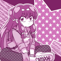  1girl backpack bag blush casual double_bun hair_bun long_hair on_floor polka_dot_pants ranma_1/2 shampoo_(ranma_1/2) shoes sneakers solo star_(symbol) star_symbol_background wanta_(futoshi) 