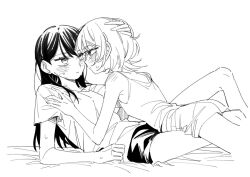  2girls bang_dream! bang_dream!_it&#039;s_mygo!!!!! bare_arms blush camisole closed_mouth commentary_request ear_blush greyscale hand_on_another&#039;s_head kaname_raana korean_commentary leg_between_thighs long_hair lying_on_person medium_hair monochrome multiple_girls neonfloyd shiina_taki short_sleeves shorts sweat tears yuri 