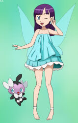  1girl armpit_crease artist_name barefoot blue_eyes character_request clenched_hand collarbone dress earrings eyelashes fairy_wings fankifalu feet female_focus flat_chest frilled_dress frills full_body gen_5_pokemon gothita green_background hand_up happy highres jewelry knees legs looking_at_viewer neck nintendo one_eye_closed open_mouth outstretched_arm pendant pigeon-toed pokemon pokemon_(creature) purple_hair short_dress simple_background single_earring size_difference sleeveless sleeveless_dress spaghetti_strap standing straight_hair teardrop_earrings thighs toenails toes v wings wink 