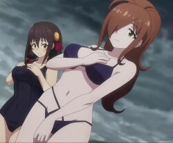  2girls anime_screenshot bikini breasts brown_hair highres kono_subarashii_sekai_ni_shukufuku_wo! large_breasts medium_breasts multiple_girls one-piece_swimsuit stitched swimsuit third-party_edit wiz_(konosuba) yunyun_(konosuba)  rating:Sensitive score:35 user:N3RO_182