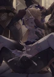  2girls 4boys absurdres ahegao anal arm_grab black_skin blonde_hair breasts colored_skin cum cum_in_ass cum_in_pussy cum_overflow disembodied_penis double_penetration ejaculation erection eyepatch fischl_(ein_immernachtstraum)_(genshin_impact) fischl_(genshin_impact) gangbang genshin_impact grabbing_another&#039;s_breast groping group_sex gueya hetero highres hilichurl_(genshin_impact) interspecies long_hair multiple_boys multiple_girls multiple_penises nipples one_eye_covered open_mouth paimon_(genshin_impact) penis penis_on_face projectile_cum pussy red_eyes restrained sex small_breasts solo_focus thighhighs tongue tongue_out torn_clothes uncensored vaginal white_hair white_thighhighs 
